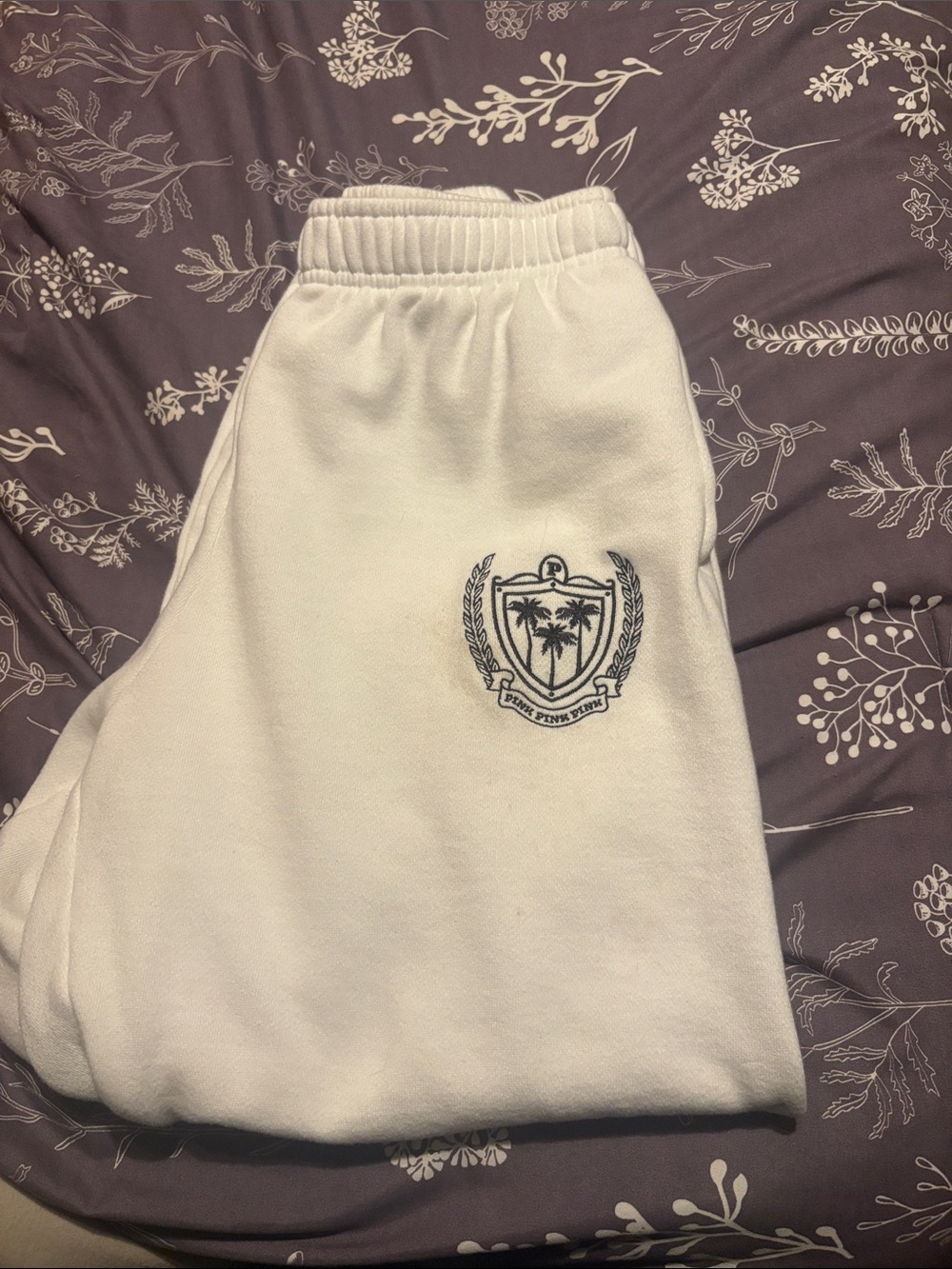 PINK Victoria's Secret White Sweatpants with Crest Embroidery